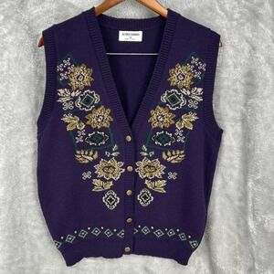 Alfred Dunner Vintage Purple Floral Knit Sweater Vest Button Front Medium USA